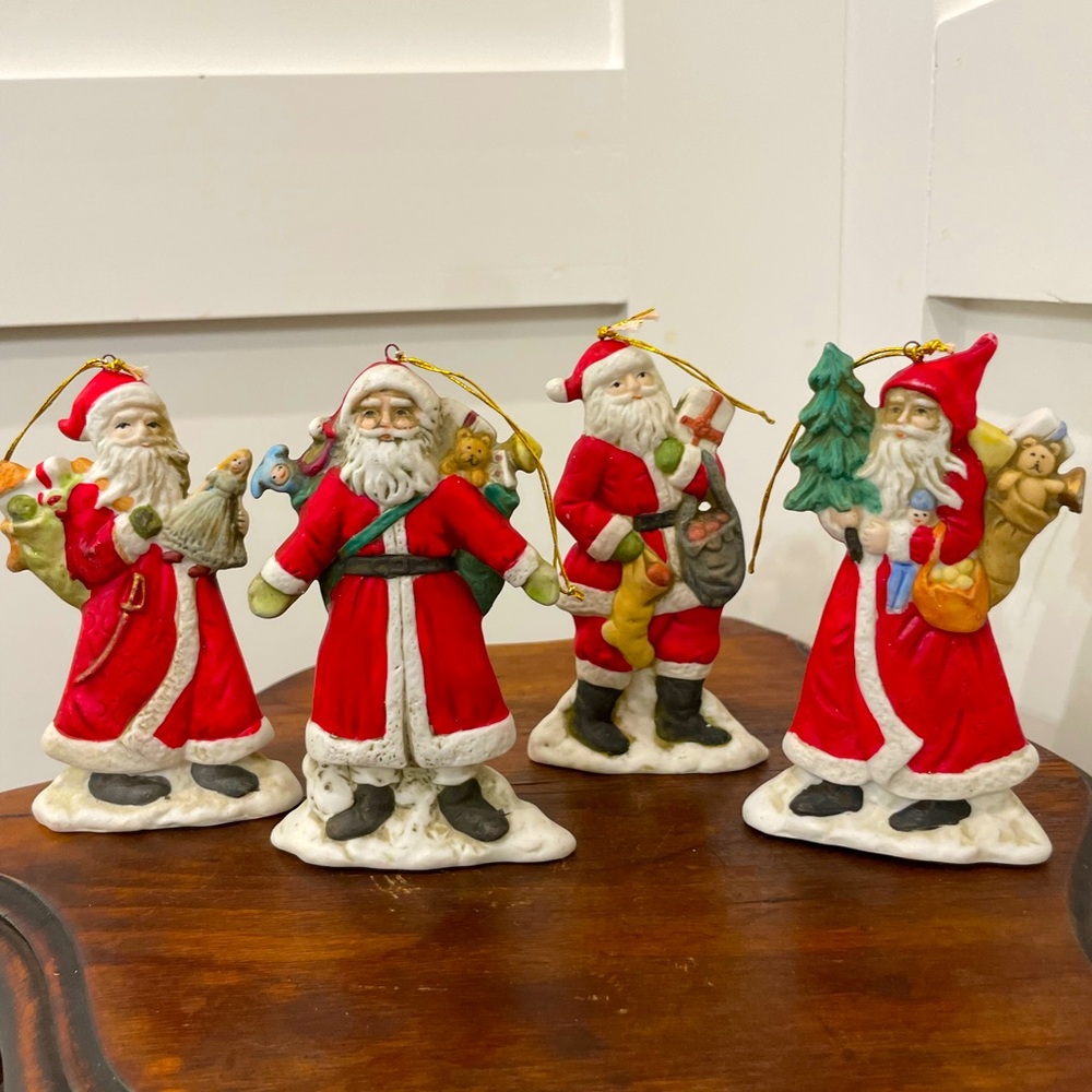 Set of 4 vintage Santa ornaments